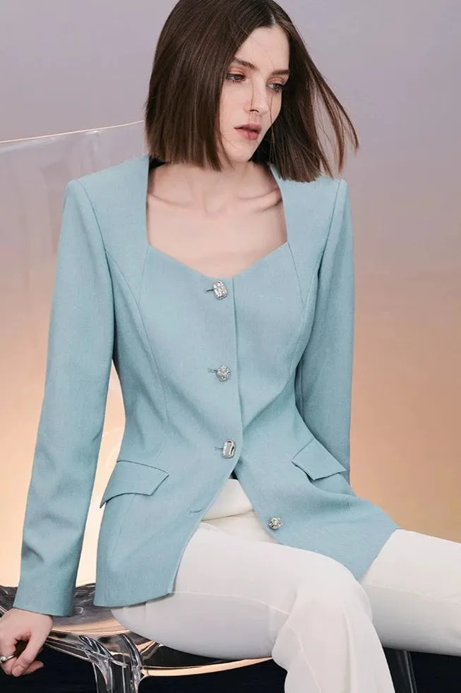 PURITY Classic blue blazer front slit slightly flared pants- Madison