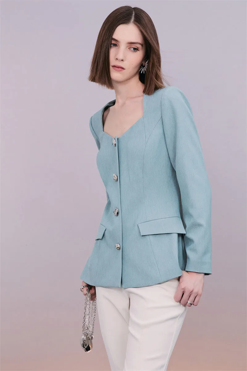 PURITY Classic blue blazer front slit slightly flared pants- Madison