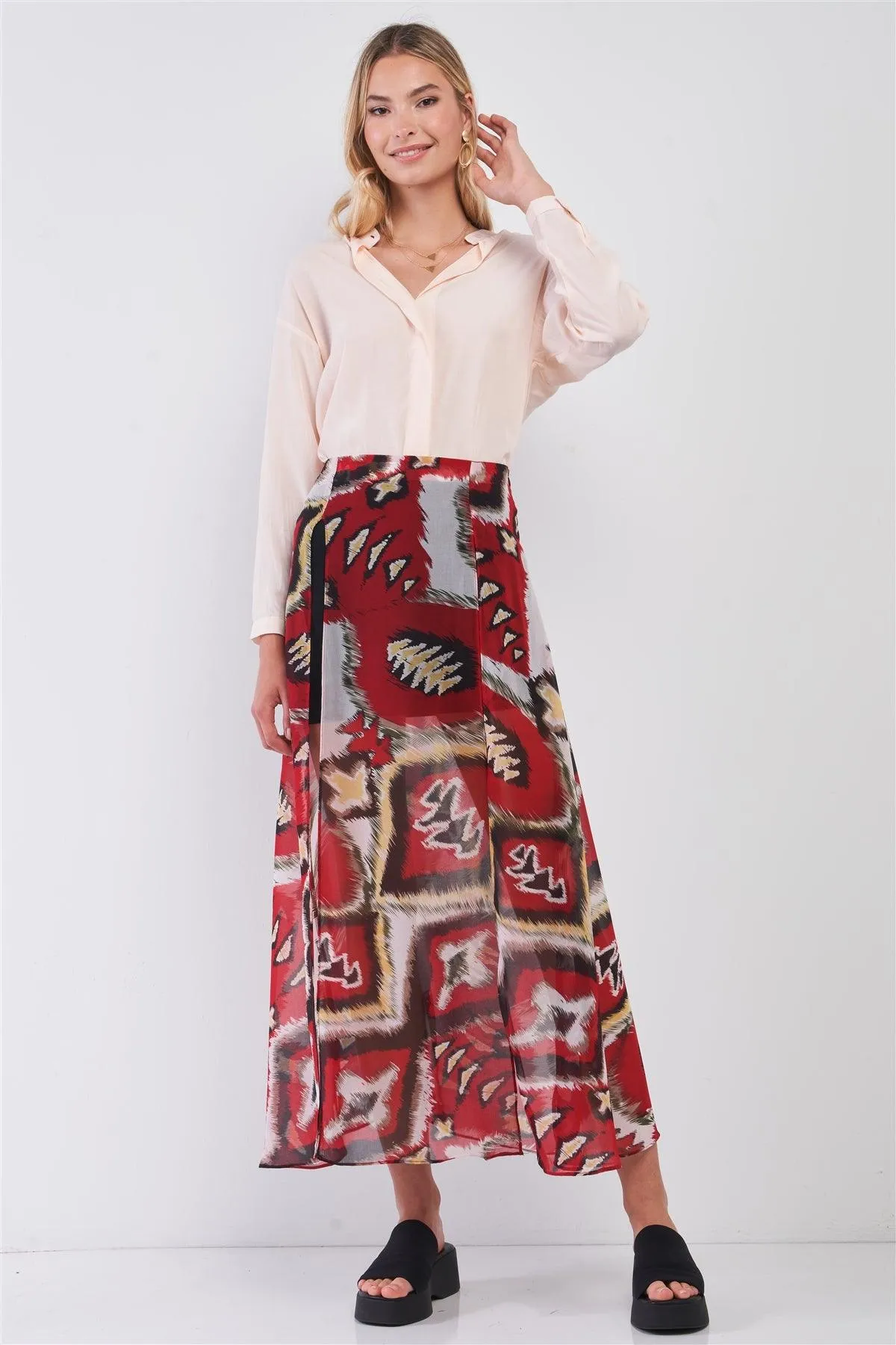 Red & Multi Vintage Graphic Print High-Waisted Two Front Slits Maxi Skirt /1-2-2-1