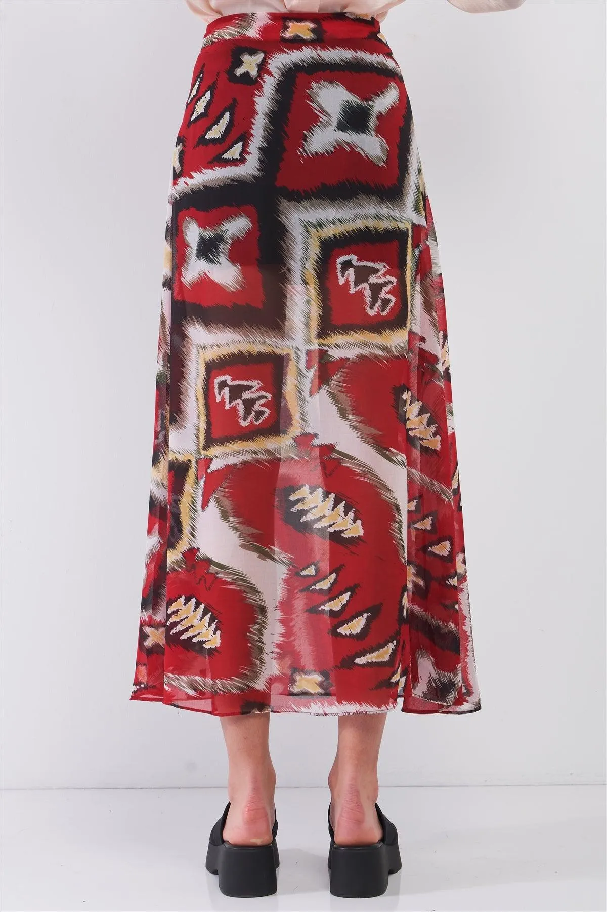 Red & Multi Vintage Graphic Print High-Waisted Two Front Slits Maxi Skirt /1-2-2-1