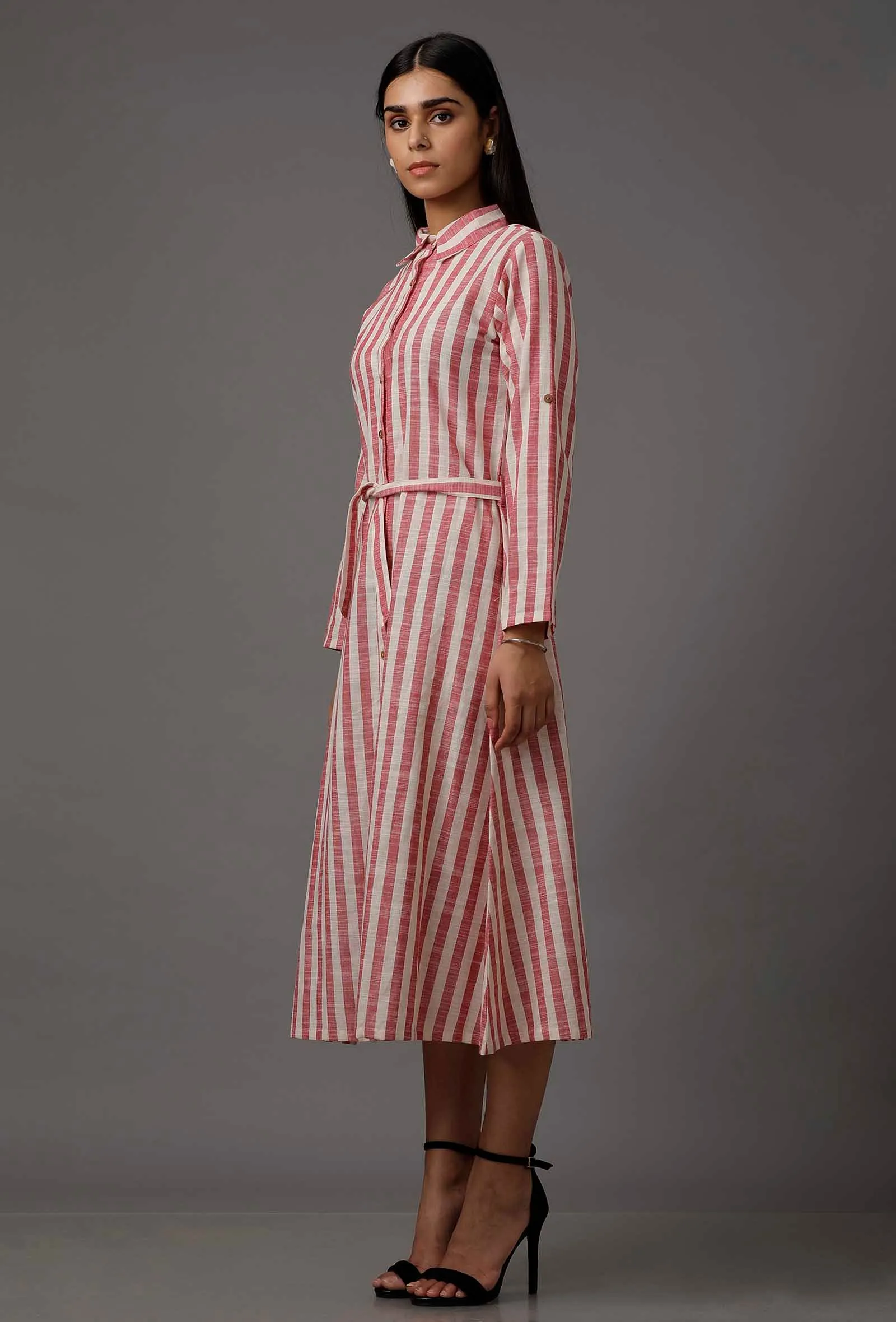 Red and White Stripes Pure Woven Cotton Dress