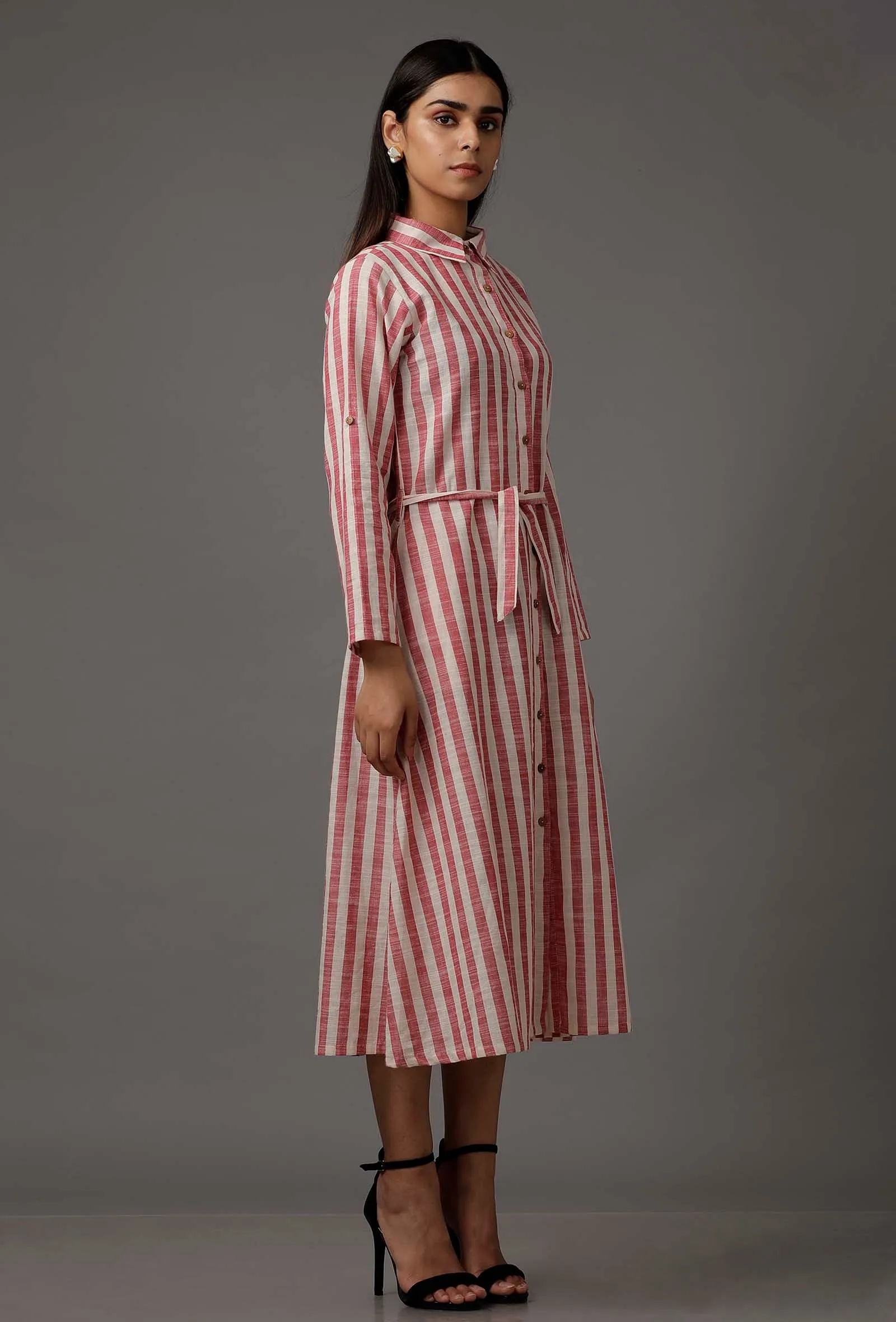 Red and White Stripes Pure Woven Cotton Dress