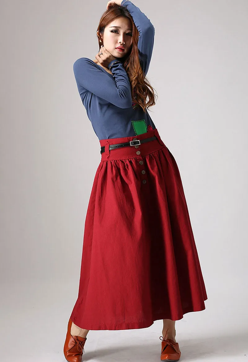 Red skirt women linen skirt maxi skirt elastic waist long skirt 876