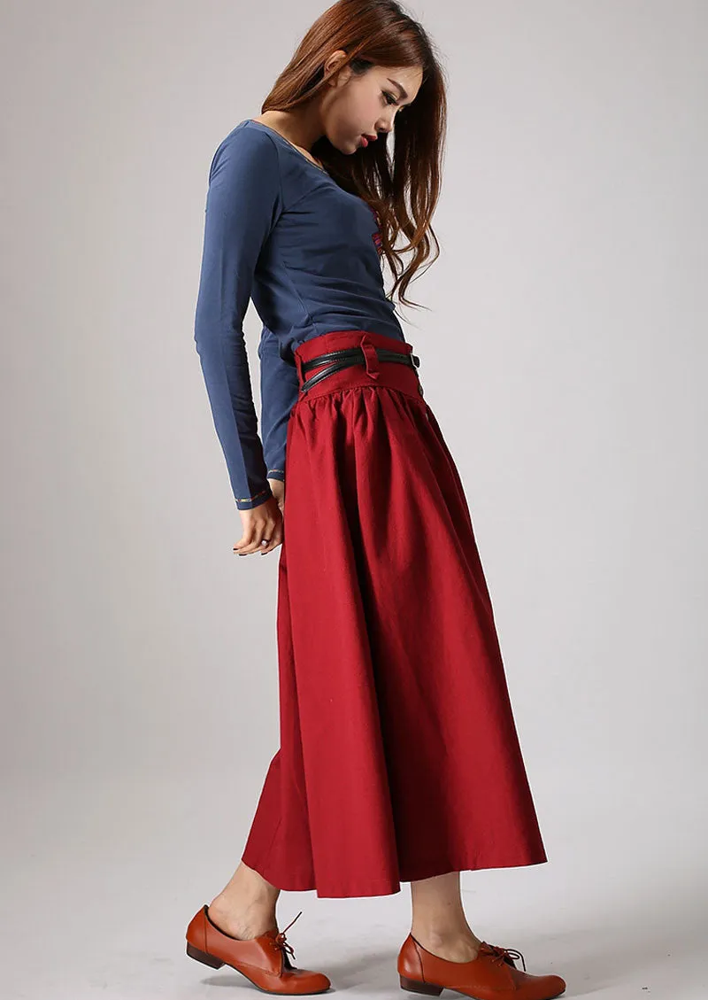 Red skirt women linen skirt maxi skirt elastic waist long skirt 876