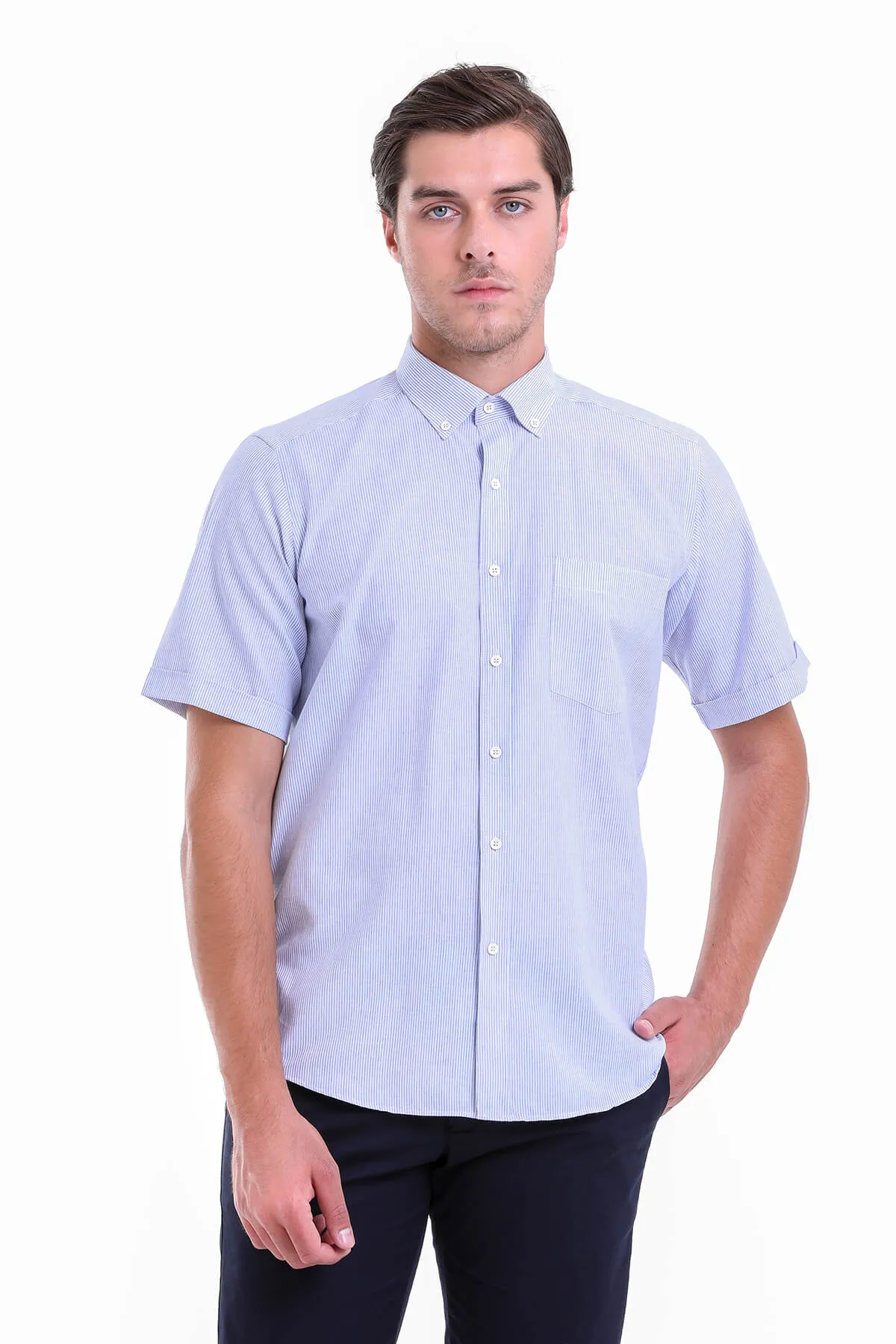 Regular Fit Pinstripe Cotton Blend Blue Dress Shirt