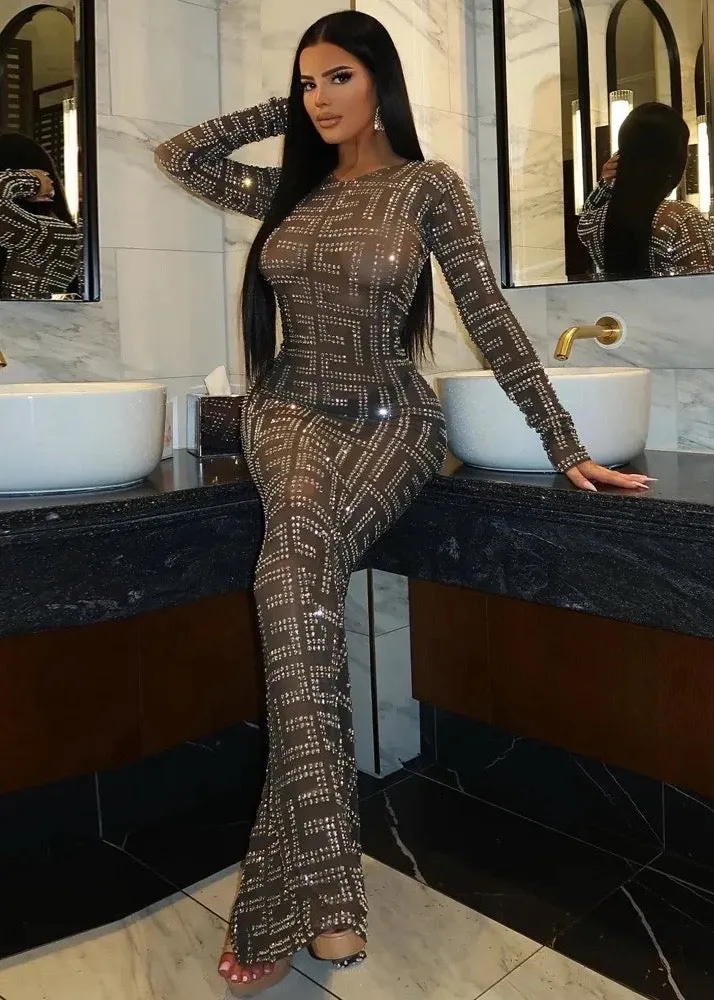 Rhinestone Decorated Long Sleeved Mesh Maxi Dress