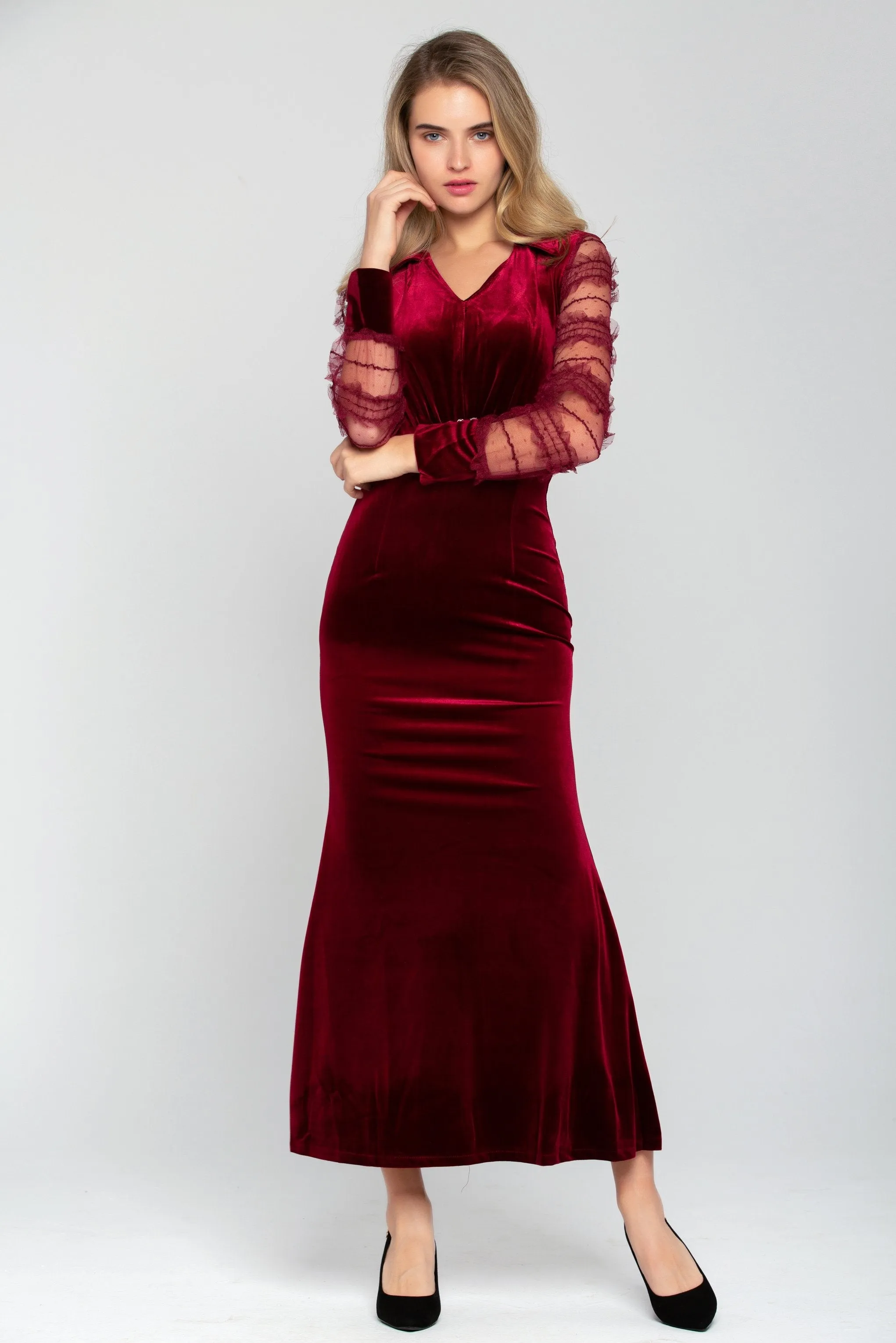 Rich Red Velvet Sheer Ruffle Sleeve Maxi Dress