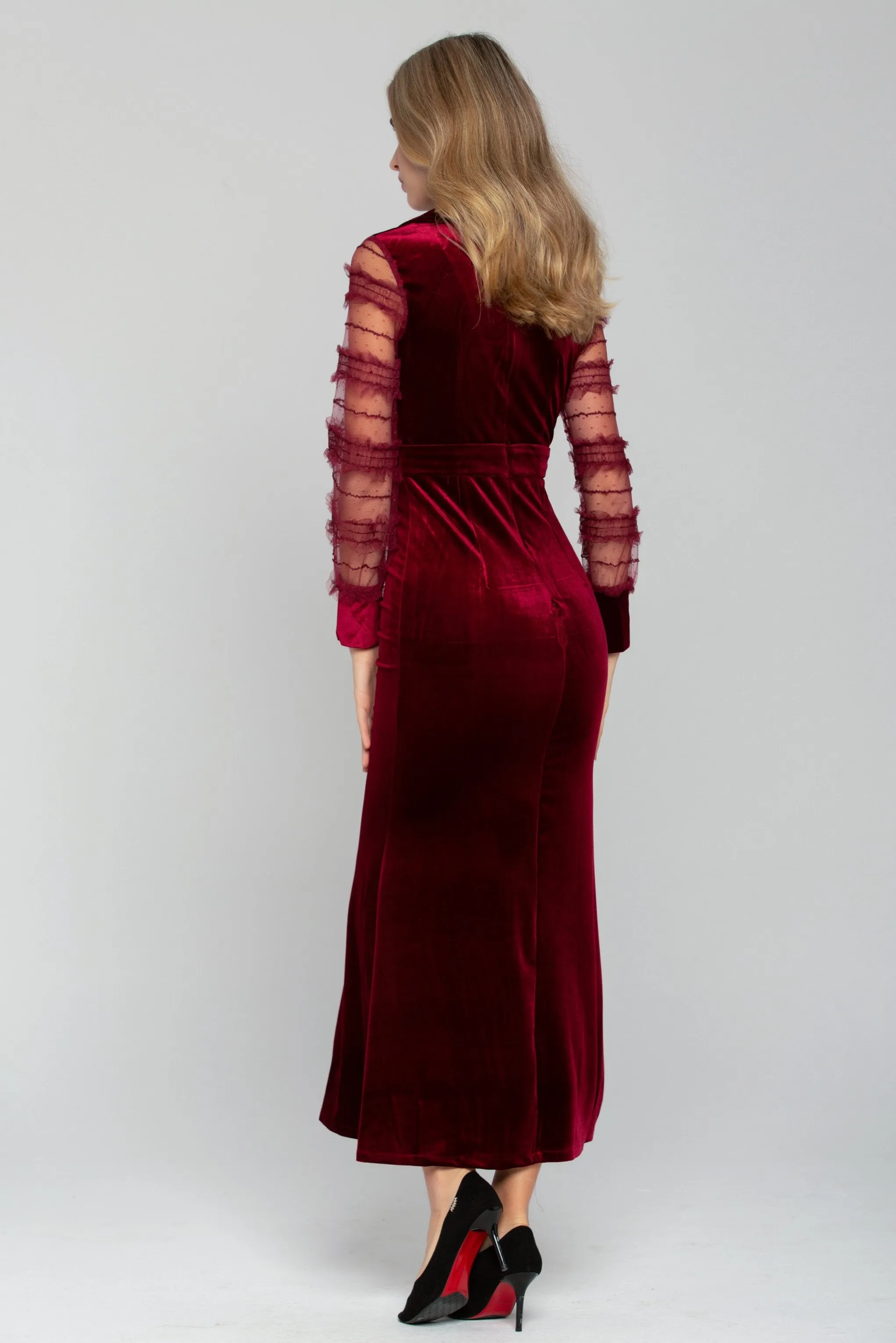 Rich Red Velvet Sheer Ruffle Sleeve Maxi Dress