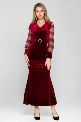 Rich Red Velvet Sheer Ruffle Sleeve Maxi Dress