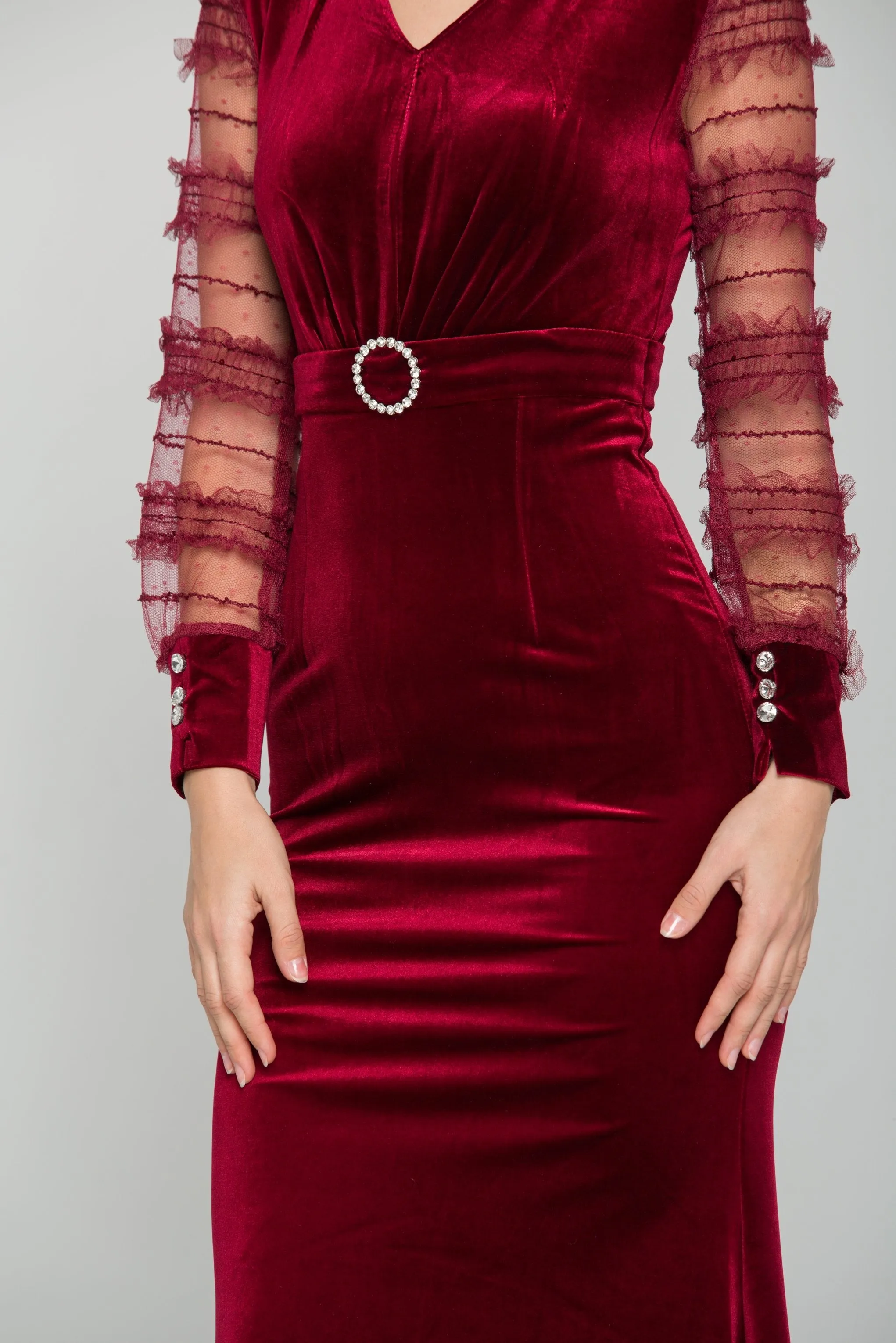 Rich Red Velvet Sheer Ruffle Sleeve Maxi Dress