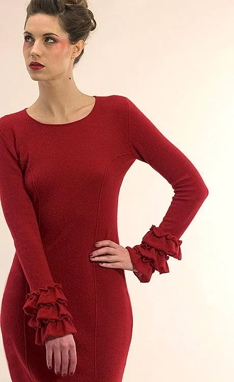 Ruffle cuff cashmere dress in deep red