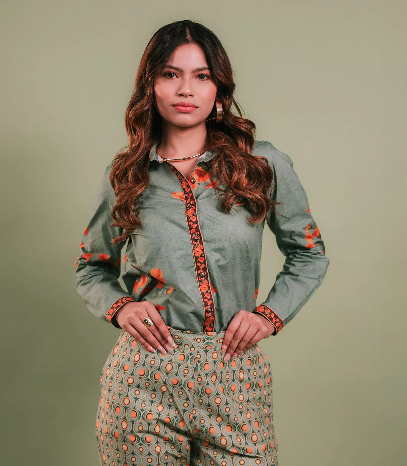 SAGE GREEN AND ORANGE FLOWERS PRINTED SHIRT & PANT SET