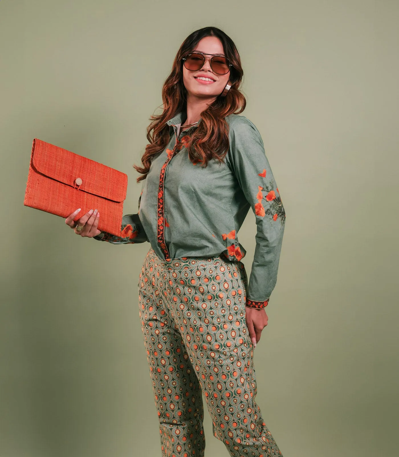 SAGE GREEN AND ORANGE FLOWERS PRINTED SHIRT & PANT SET