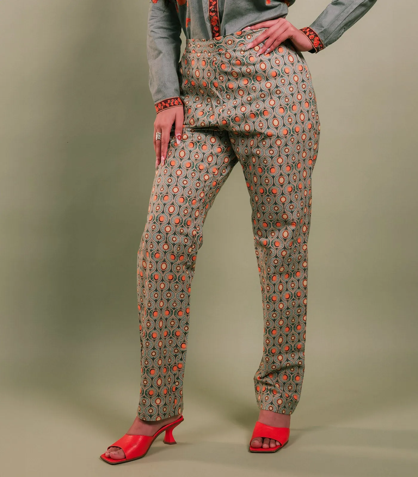 SAGE GREEN AND ORANGE FLOWERS PRINTED SHIRT & PANT SET