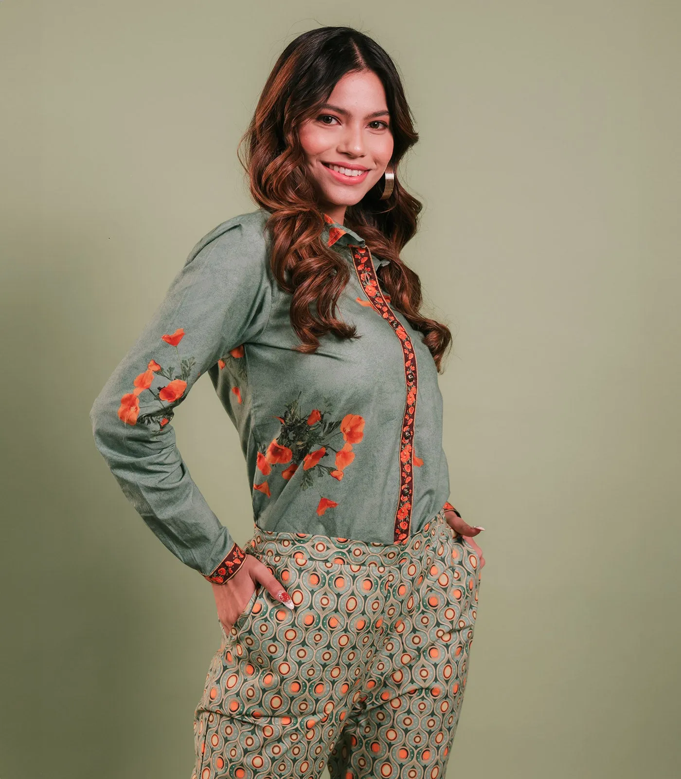 SAGE GREEN AND ORANGE FLOWERS PRINTED SHIRT & PANT SET