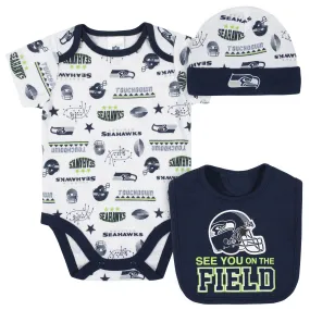 Seahawks Baby Boys 3-Piece Bodysuit, Bib, and Cap Set