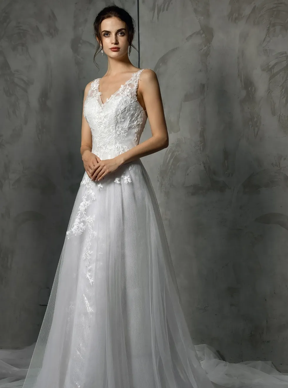 Shining V-Neck Wedding Dress With Long Tulle Train