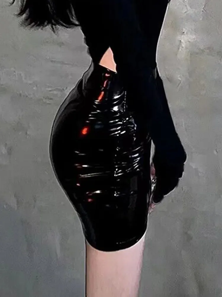 Shiny Black PU Leather High-Waisted Slim Pencil Skirt Bottom