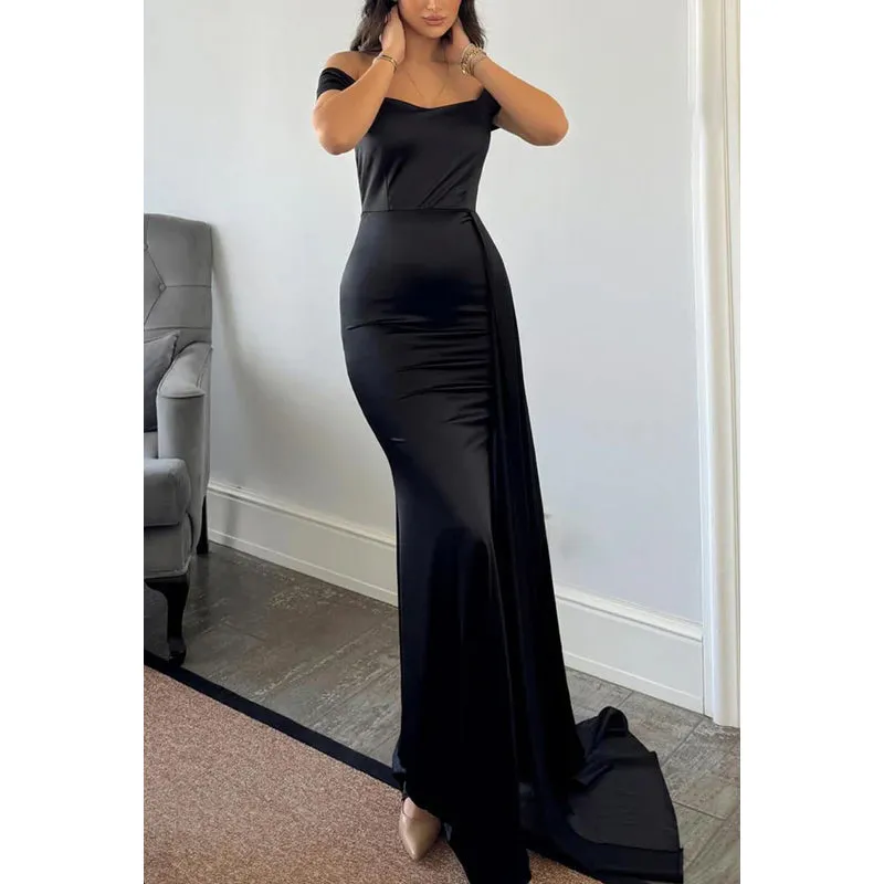 Simple & Casual Off-Shoulder Sleeveless Sheath Holiday Party Prom Dress