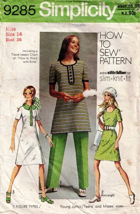 Simplicity 9285 Womens Stretch Knit Dress Tunic & Pants 1970s Vintage Sewing Pattern Size 14 Bust 36 inches