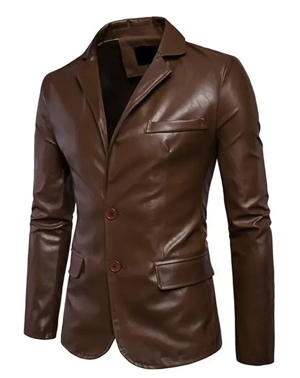 Slim Fit Fashion Men Lapel Collar Leather Jacket In Brown