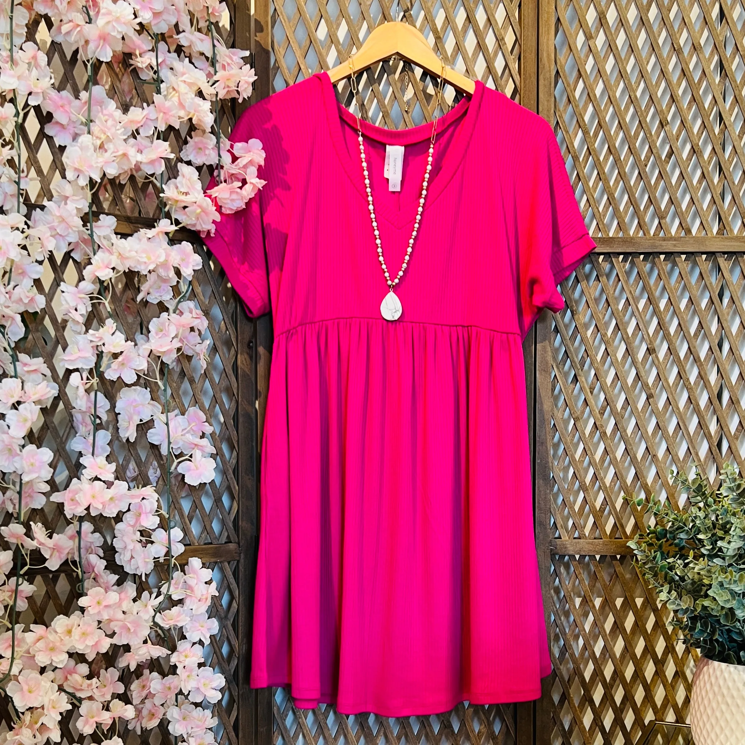 Solid Baby Doll V Neck Dress: Fuchsia