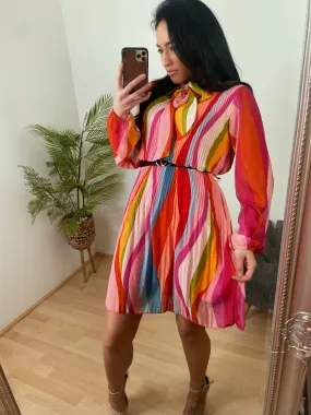 Sophia - full sleeve multi colour stripes pleated dress PINK