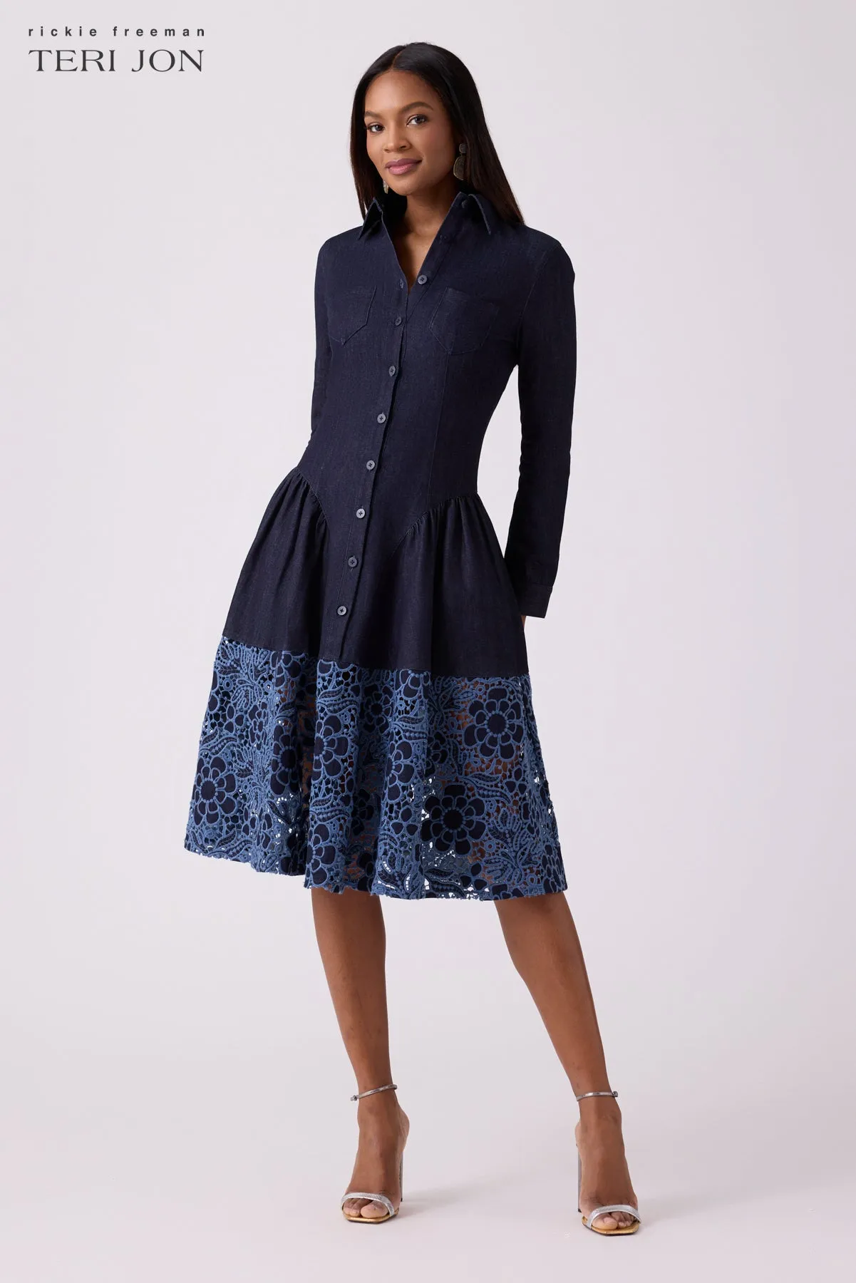 Stretch Denim Lace Shirt Dress