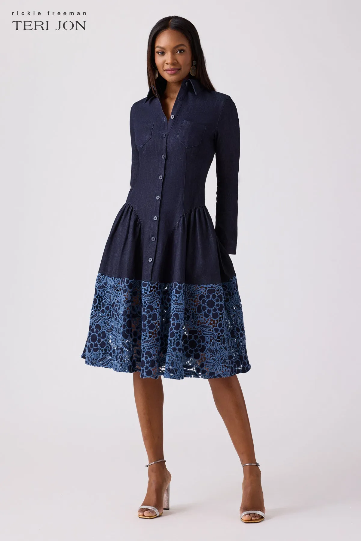 Stretch Denim Lace Shirt Dress