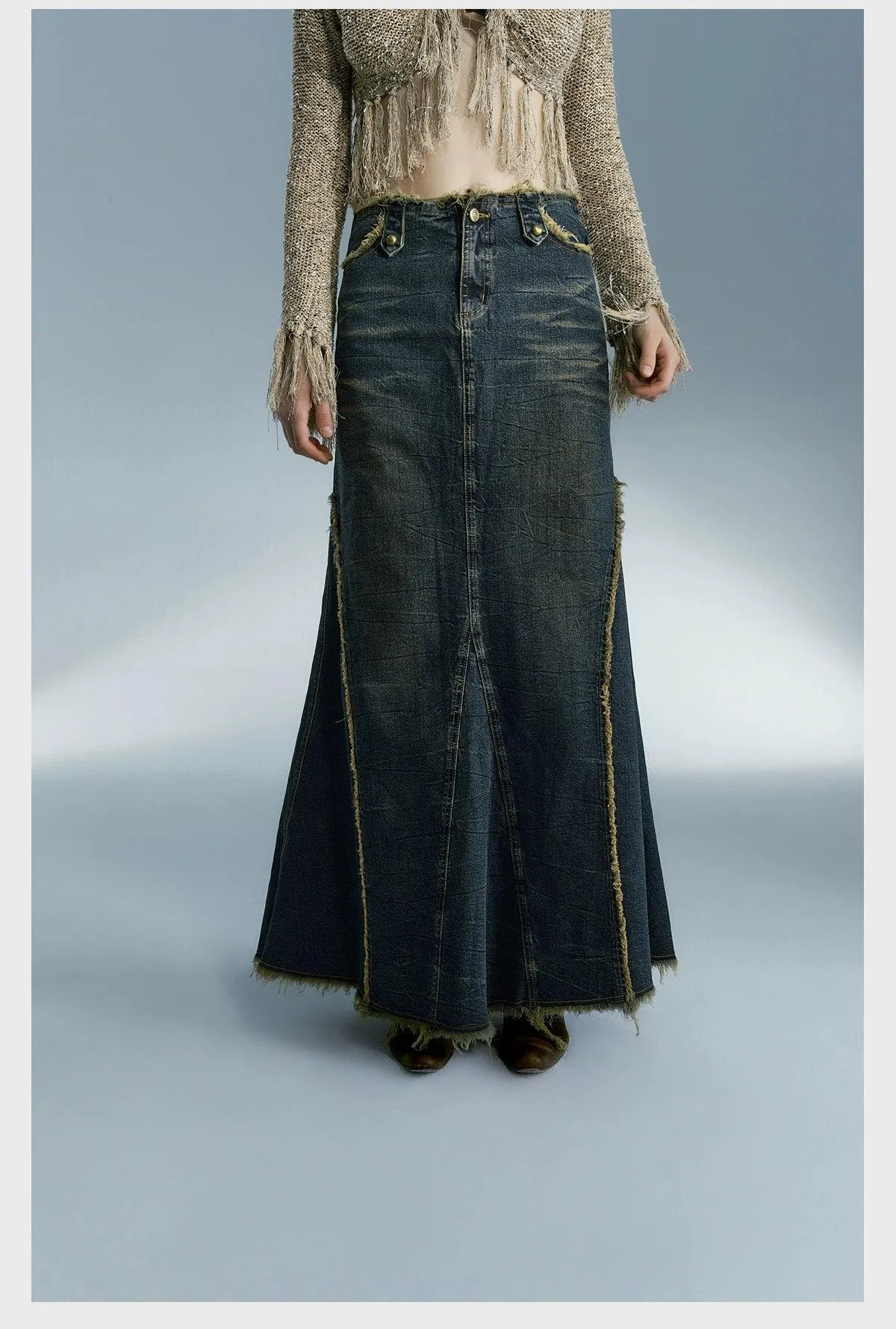 Strike A Pose Women'S Vintage Wash Denim Maxi Skirt - High-Waisted A-Line Jean Skirt With Frayed Seams And Front Slit