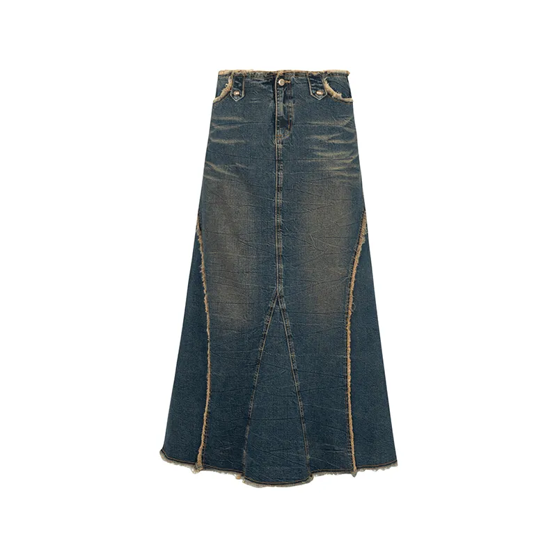 Strike A Pose Women'S Vintage Wash Denim Maxi Skirt - High-Waisted A-Line Jean Skirt With Frayed Seams And Front Slit