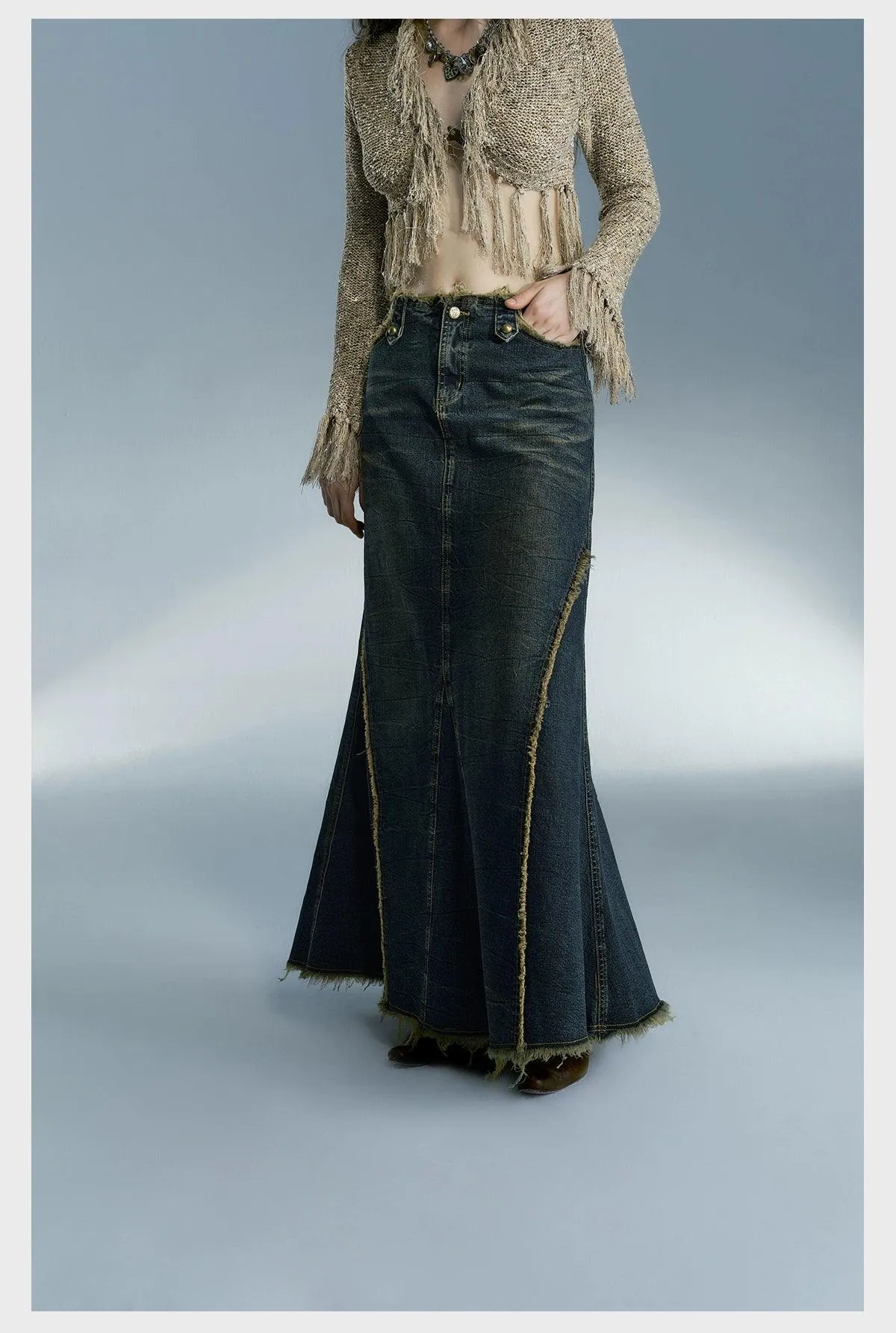 Strike A Pose Women'S Vintage Wash Denim Maxi Skirt - High-Waisted A-Line Jean Skirt With Frayed Seams And Front Slit