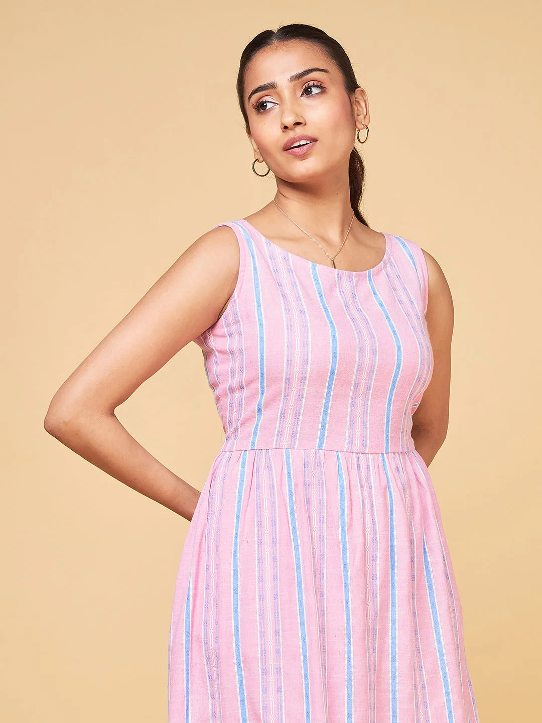 Summer Serenade Blue and Pink Striped Sleeveless Flare Dress