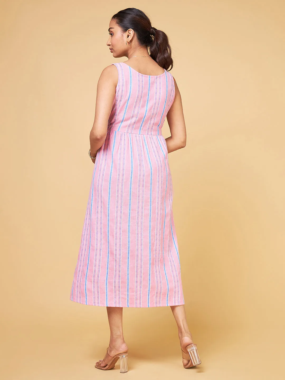 Summer Serenade Blue and Pink Striped Sleeveless Flare Dress