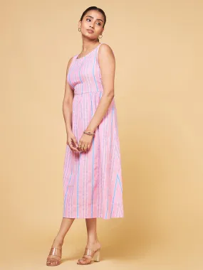 Summer Serenade Blue and Pink Striped Sleeveless Flare Dress