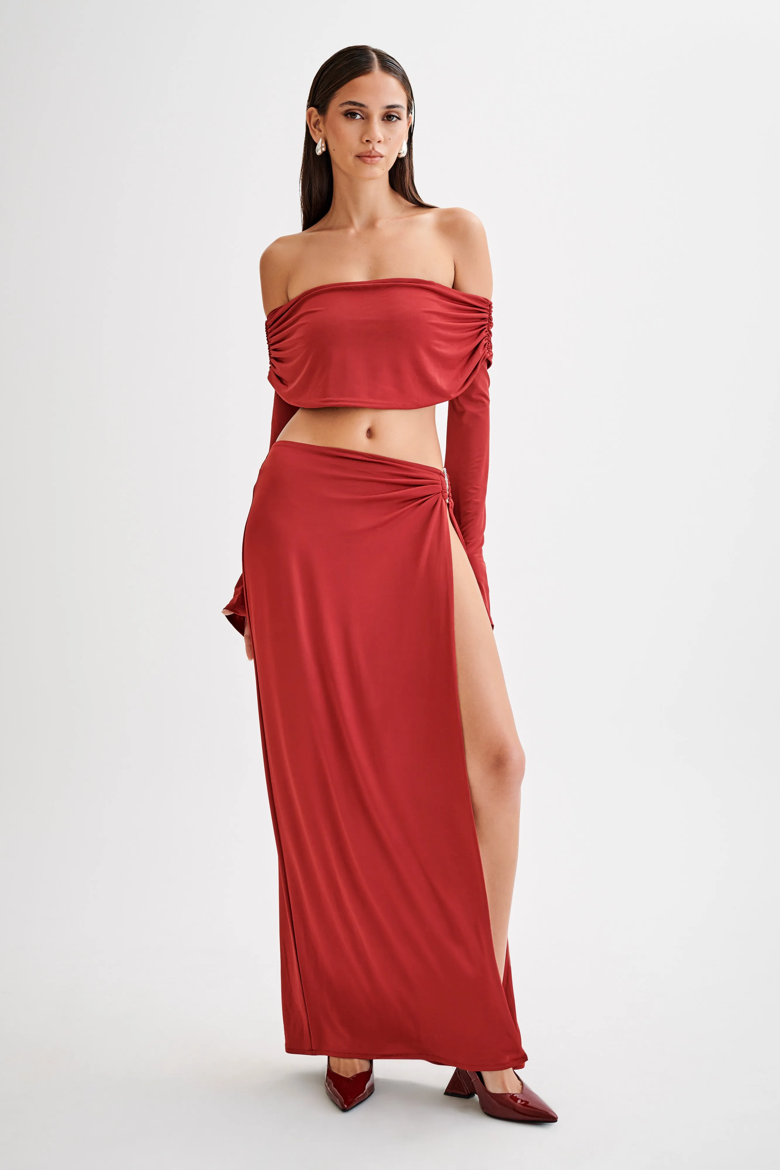 Suri Slinky Maxi Skirt With Silver Hardware - Cherry Red