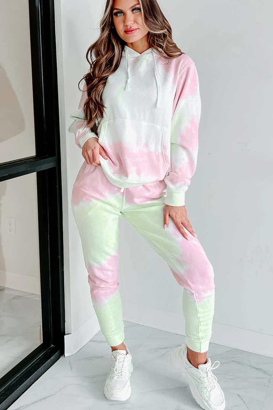 Sweet Like Watermelon Tie-Dye Print Hoodie & Jogger Set (Green/Pink)