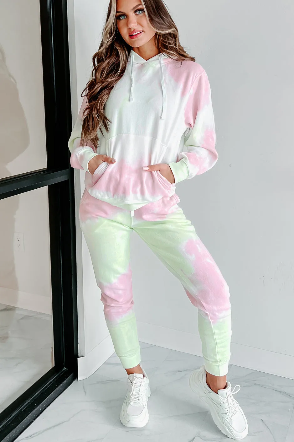 Sweet Like Watermelon Tie-Dye Print Hoodie & Jogger Set (Green/Pink)