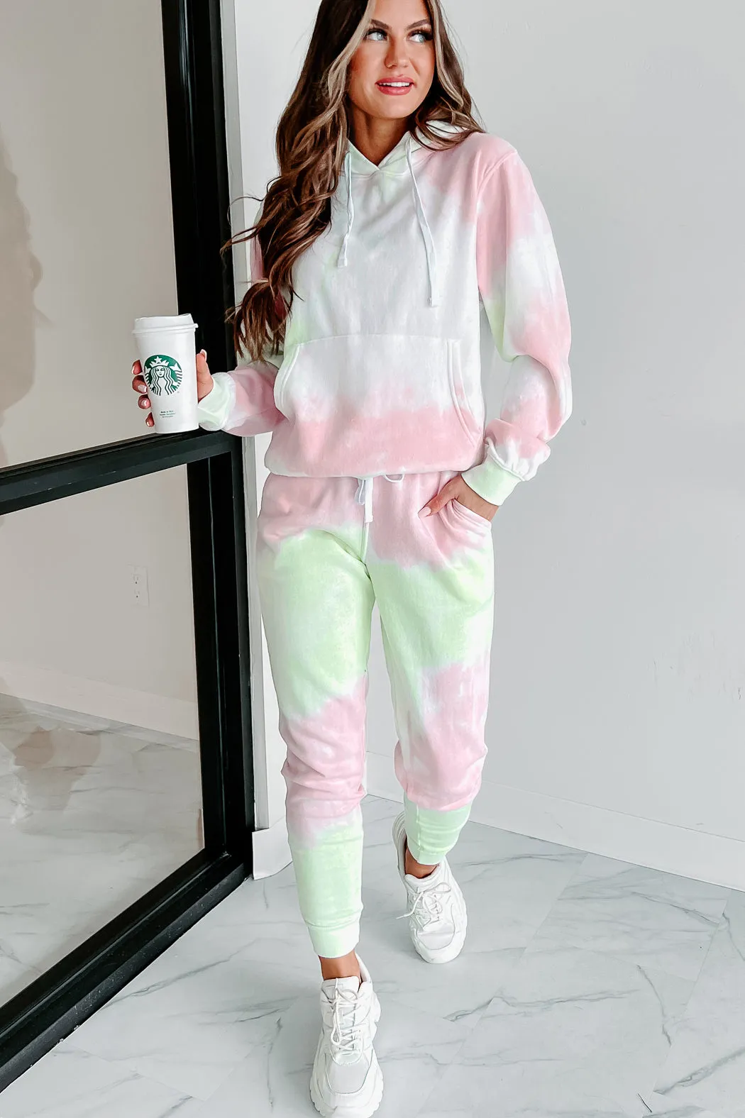 Sweet Like Watermelon Tie-Dye Print Hoodie & Jogger Set (Green/Pink)