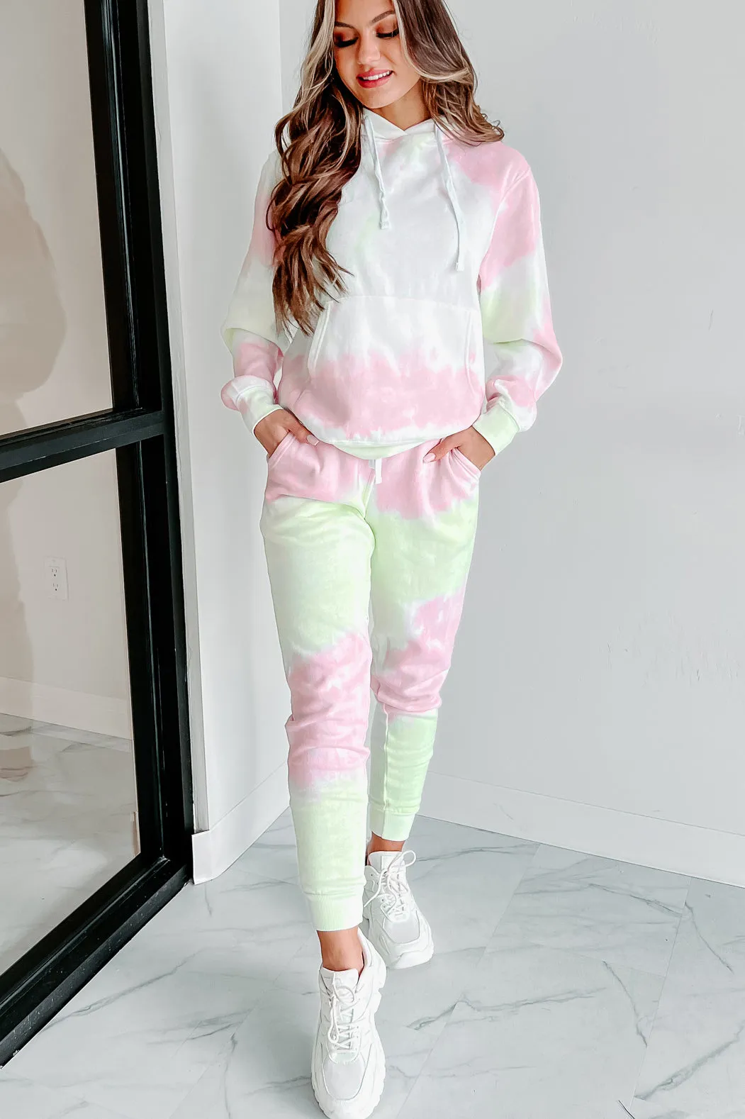 Sweet Like Watermelon Tie-Dye Print Hoodie & Jogger Set (Green/Pink)