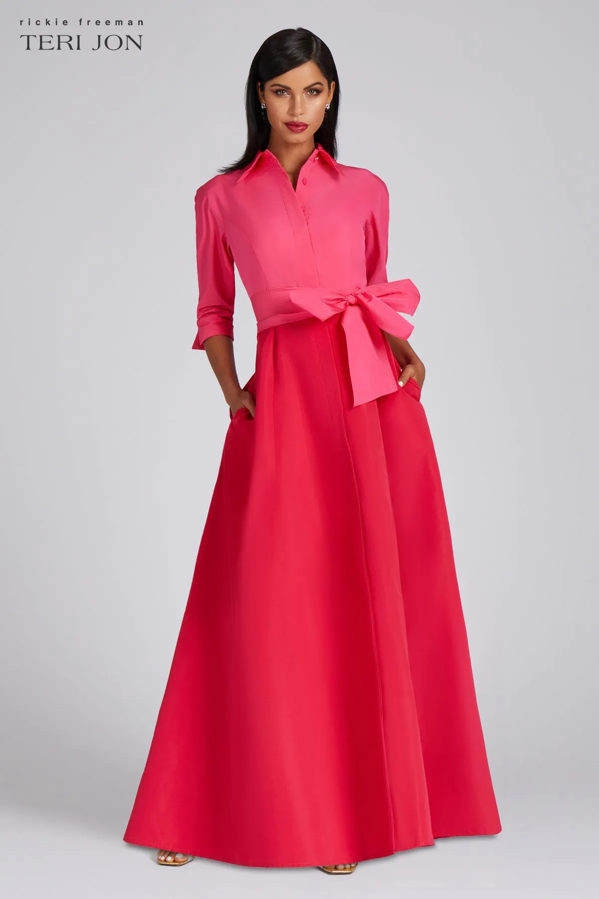 Taffeta Shirt Waist Gown In Fuchsia