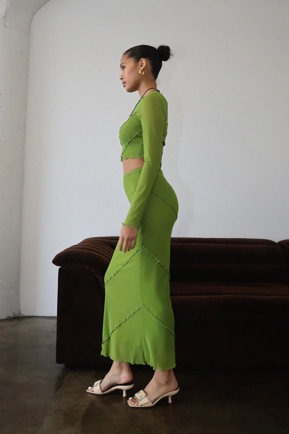 Taytum Lettuce Hem Mesh Long Skirt Avocado