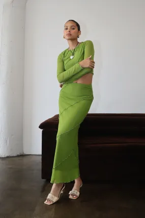 Taytum Lettuce Hem Mesh Long Skirt Avocado