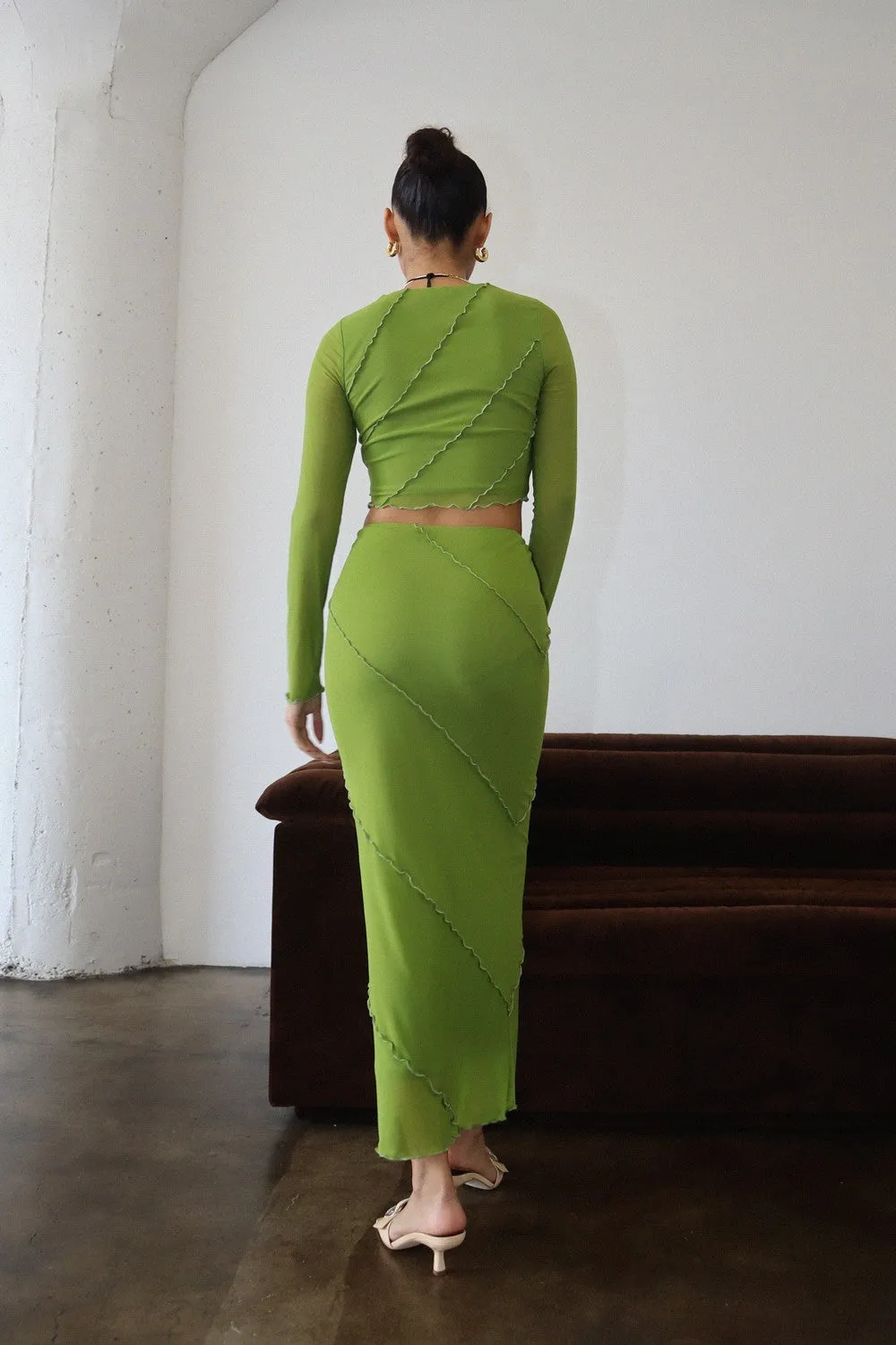 Taytum Lettuce Hem Mesh Long Skirt Avocado