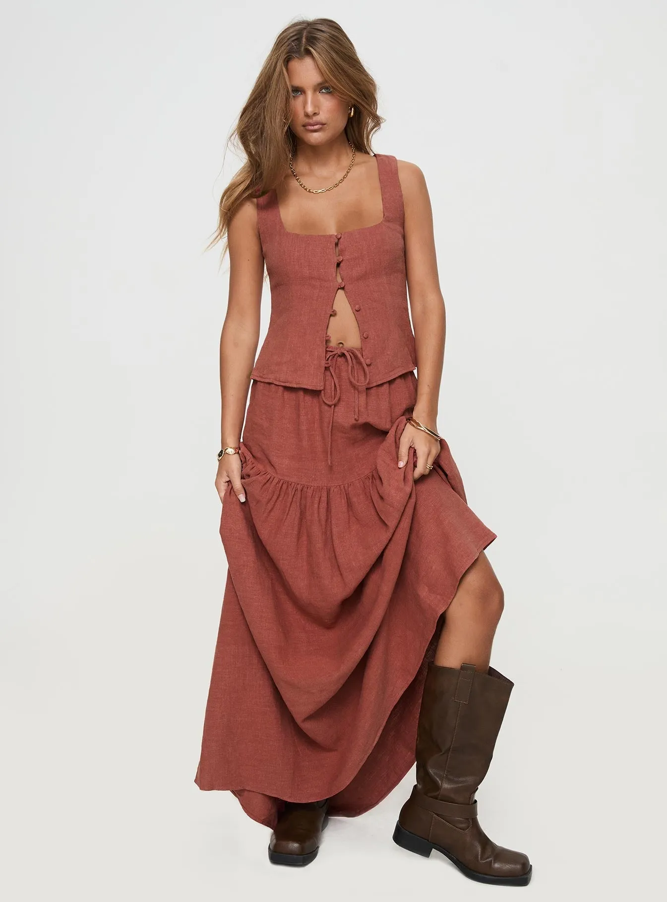 Tearose Linen Blend Maxi Skirt Burnt Rust