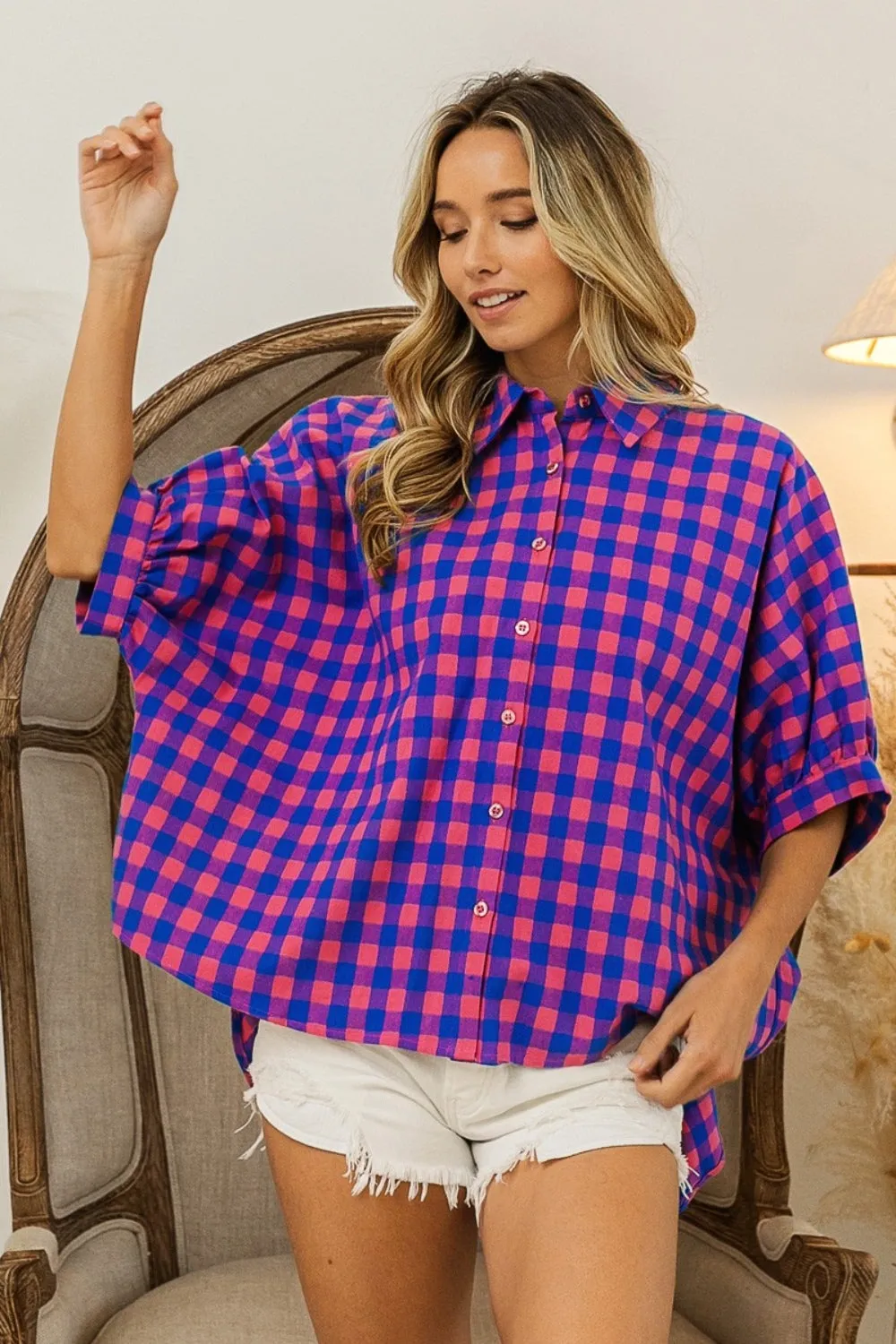 TEEK - Navy Pink Plaid Button Up Dolman Sleeve Shirt