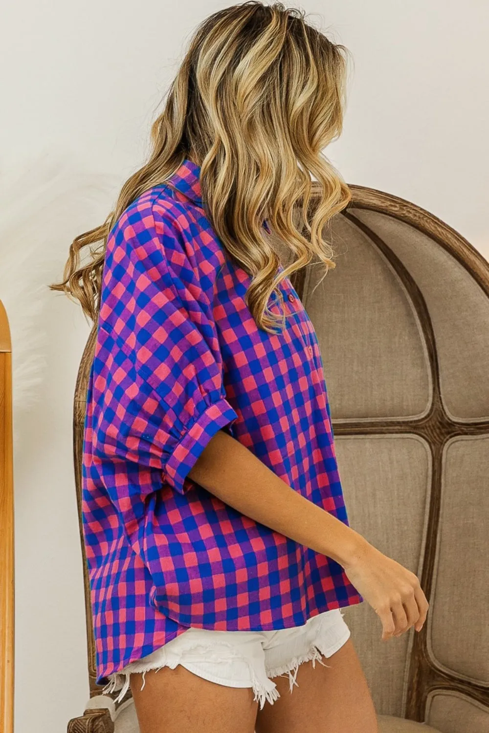 TEEK - Navy Pink Plaid Button Up Dolman Sleeve Shirt