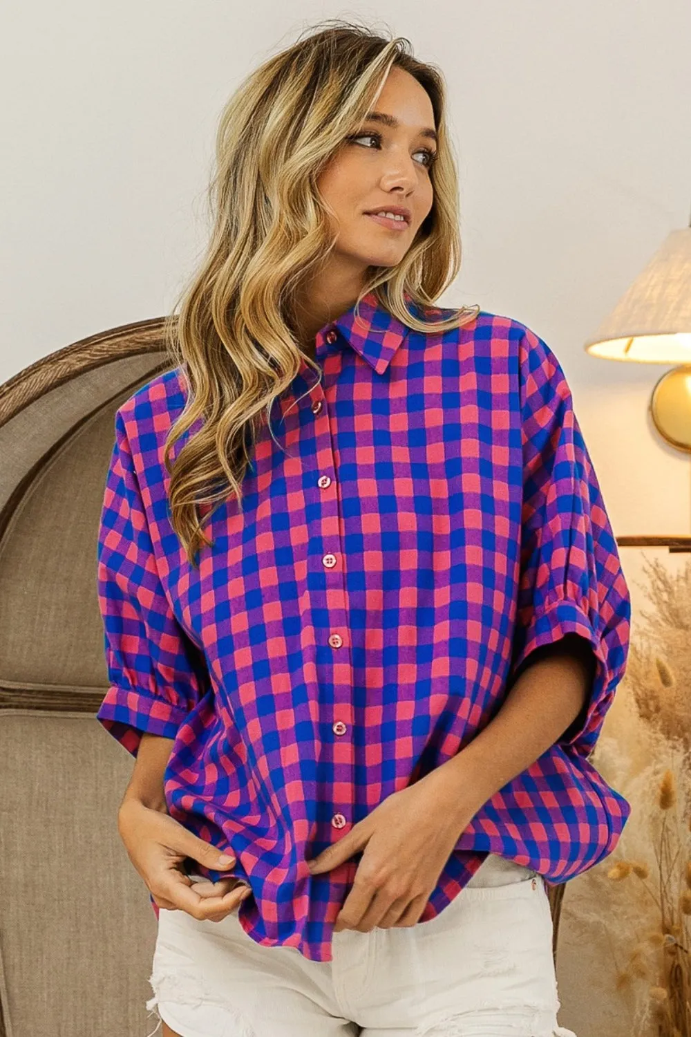 TEEK - Navy Pink Plaid Button Up Dolman Sleeve Shirt