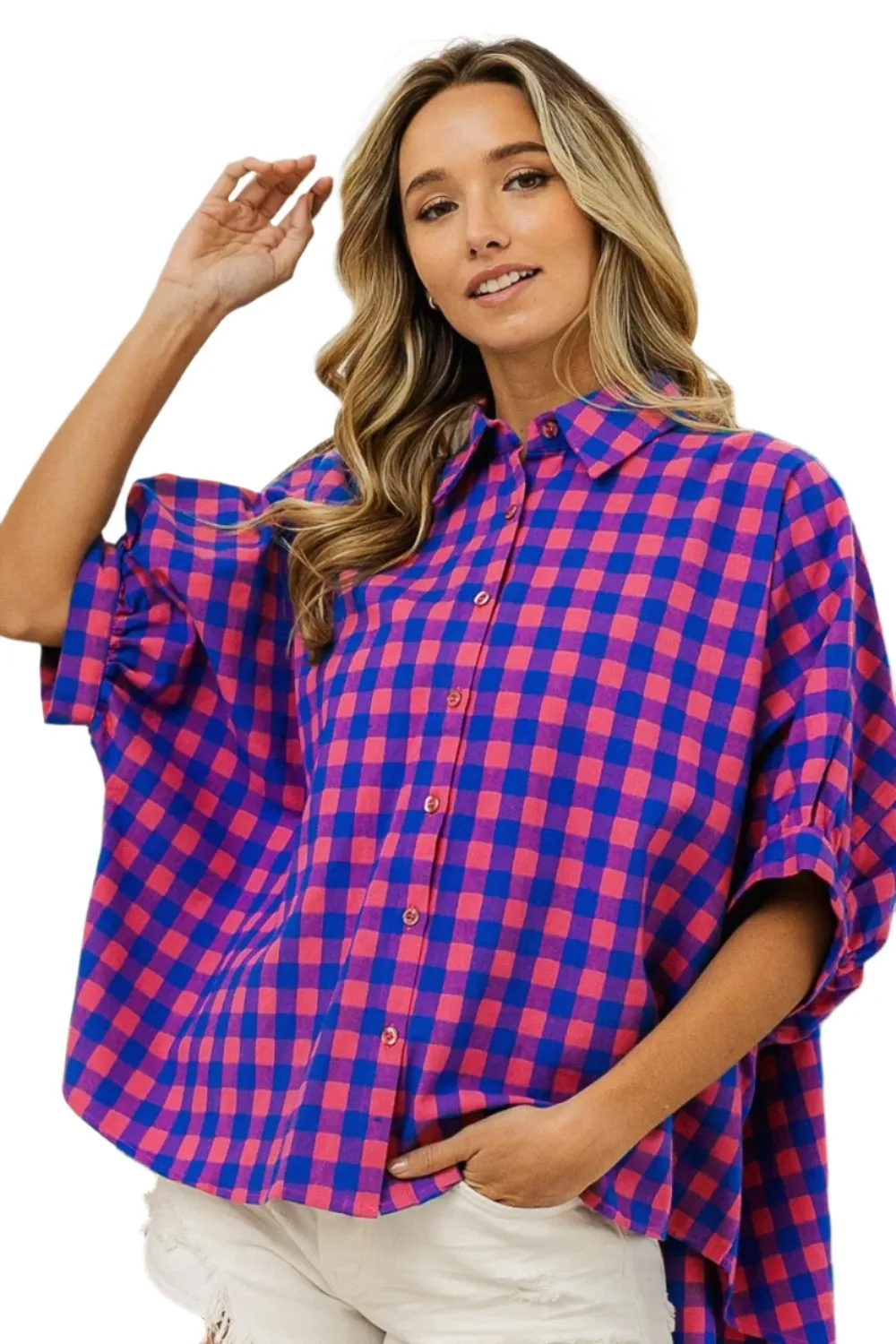 TEEK - Navy Pink Plaid Button Up Dolman Sleeve Shirt