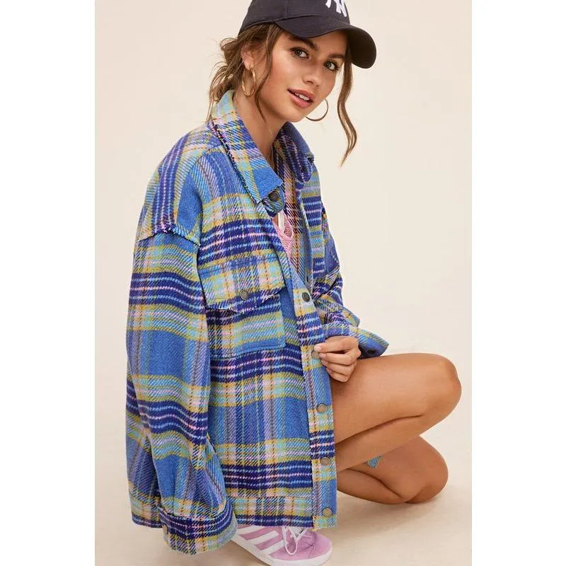 The Hailey Plaid Shacket in Sky, Wine, or Cocoa